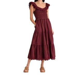 Madewell Lucie Embroidered Eyelet Boho Tiered Smocked Flutter Midi Dress Size 8